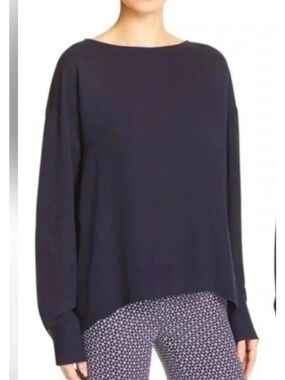 Theory Silk Navy Split-Back Long Sleeve Top